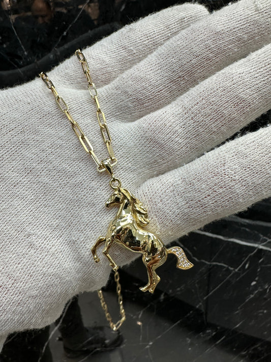 Prachtige 14K Gouden Papierclip Ketting met Paard Hanger – 60 cm | 3 mm | Uniek & Luxe