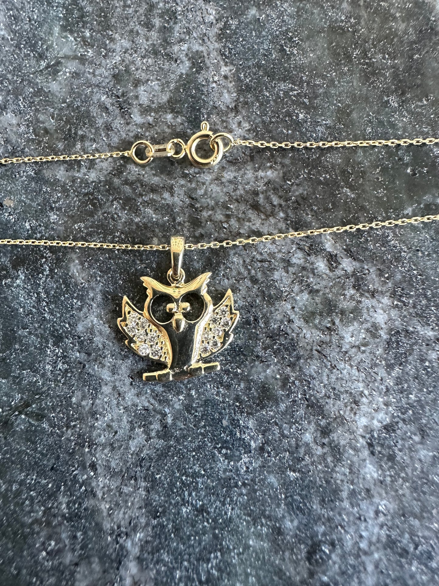 14K Gouden Ketting met Uil Hanger en Zirkonia