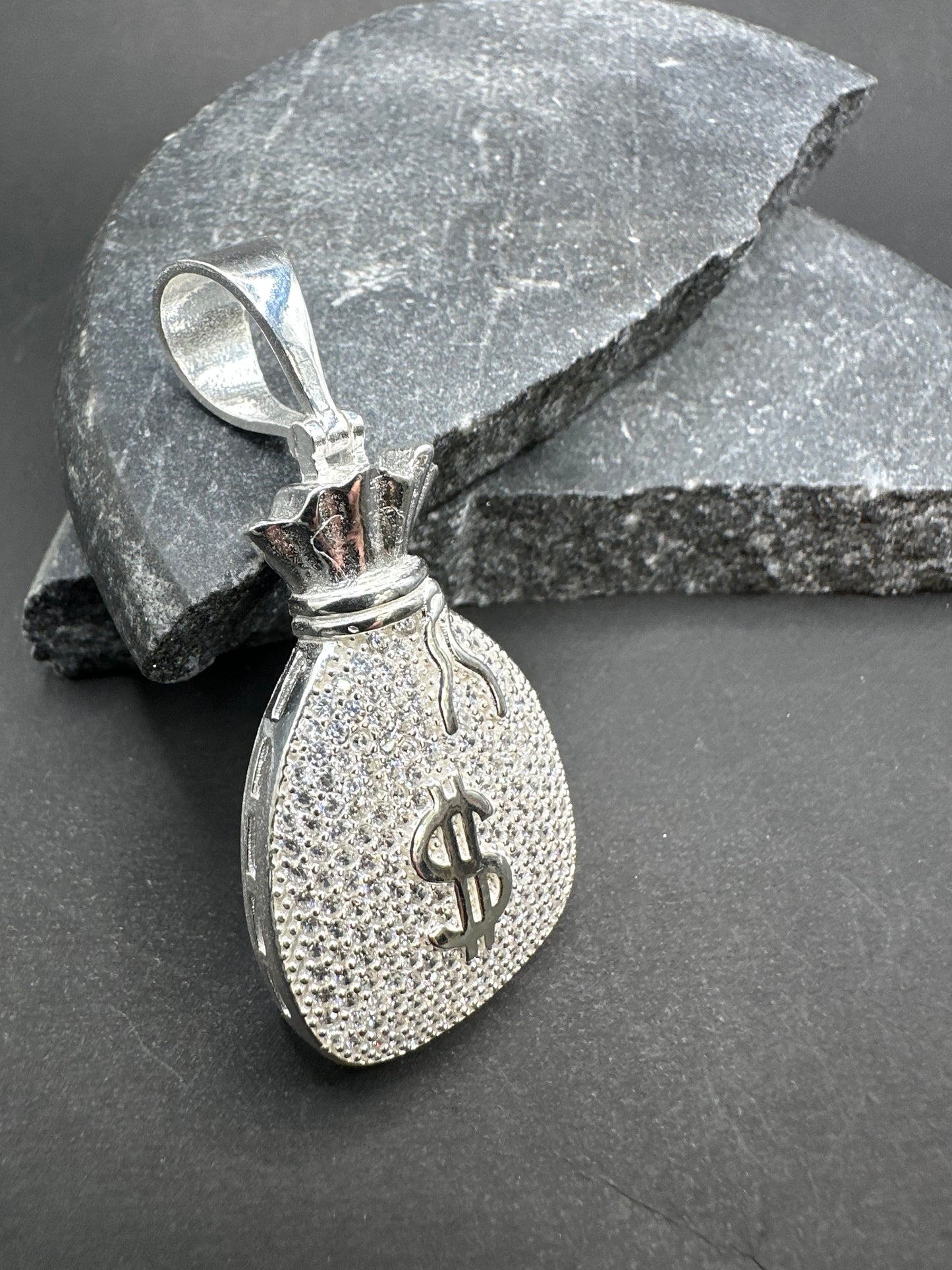 925 Zilveren Iced Out Money Bag Hanger met Zirkonia