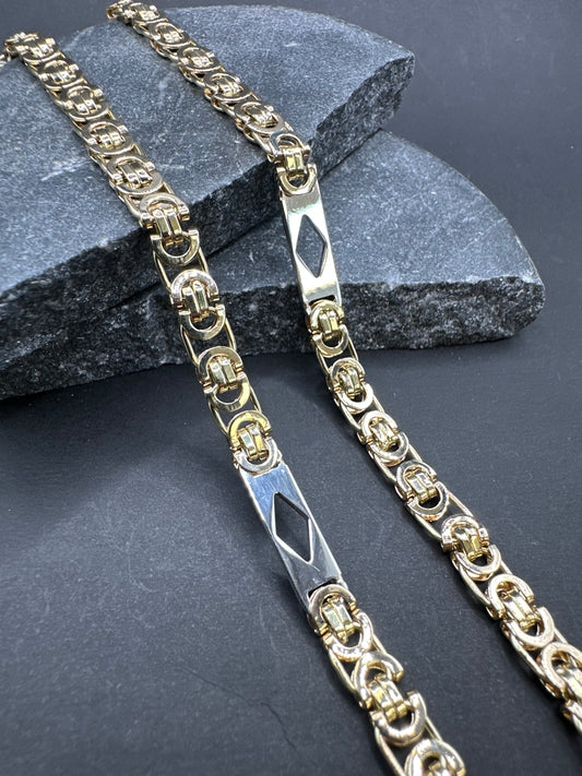 14K Gouden Massieve Platte Koningsketting met Witgouden Ruitjes – 70 cm