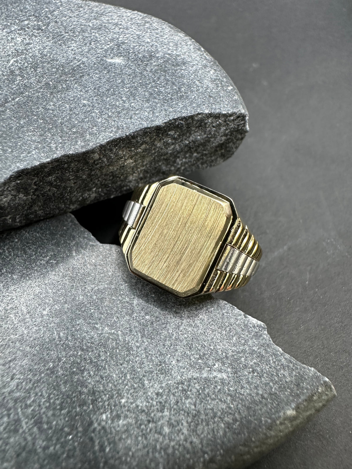 14K Gouden Stevige Bicolor Zegelring met Matte Bewerking