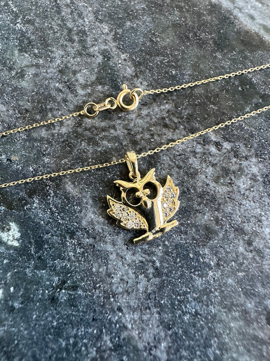 14K Gouden Ketting met Uil Hanger en Zirkonia