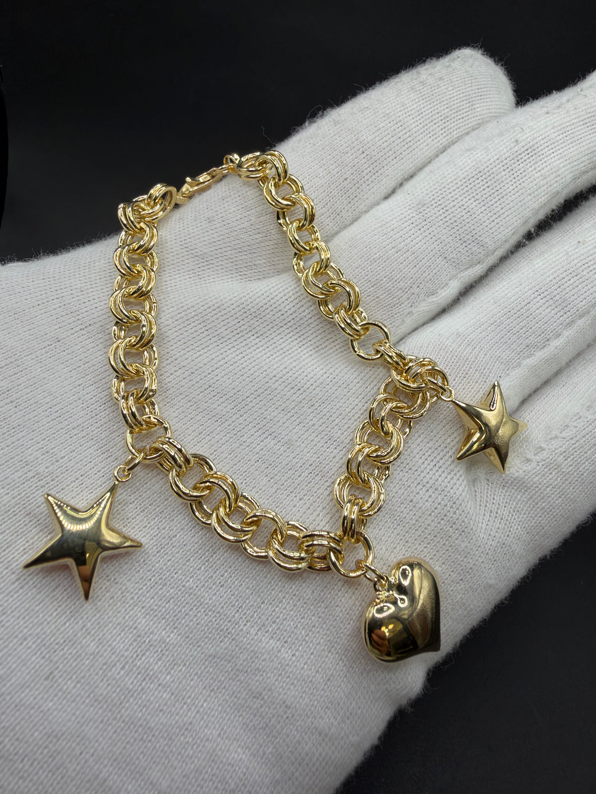 14K Gouden Bedelarmband met Hart en Twee Sterren – 19 cm – 8,2 mm