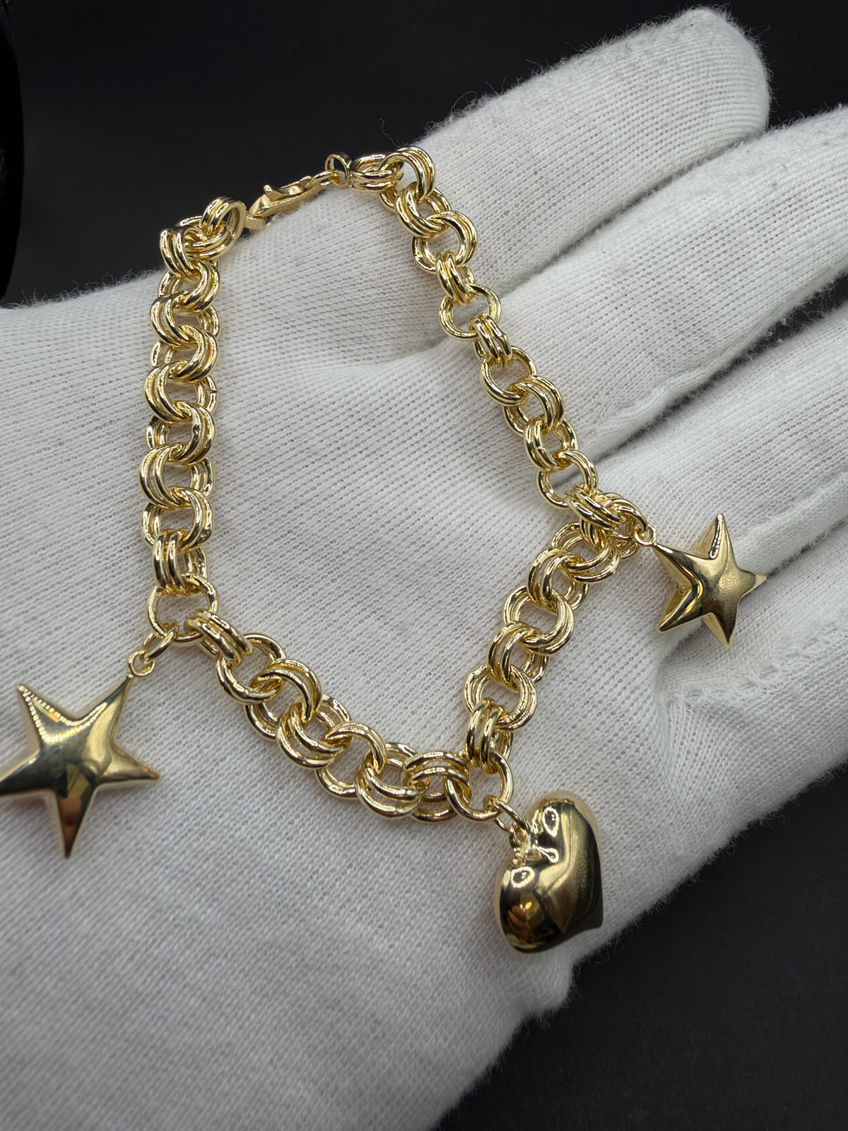 14K Gouden Bedelarmband met Hart en Twee Sterren – 19 cm – 8,2 mm