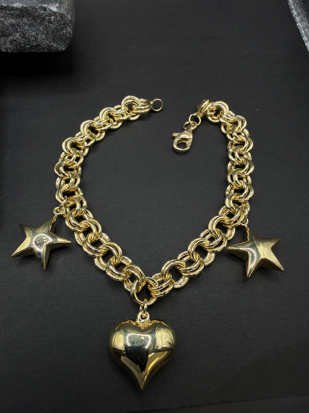 14K Gouden Bedelarmband met Hart en Twee Sterren – 19 cm – 8,2 mm