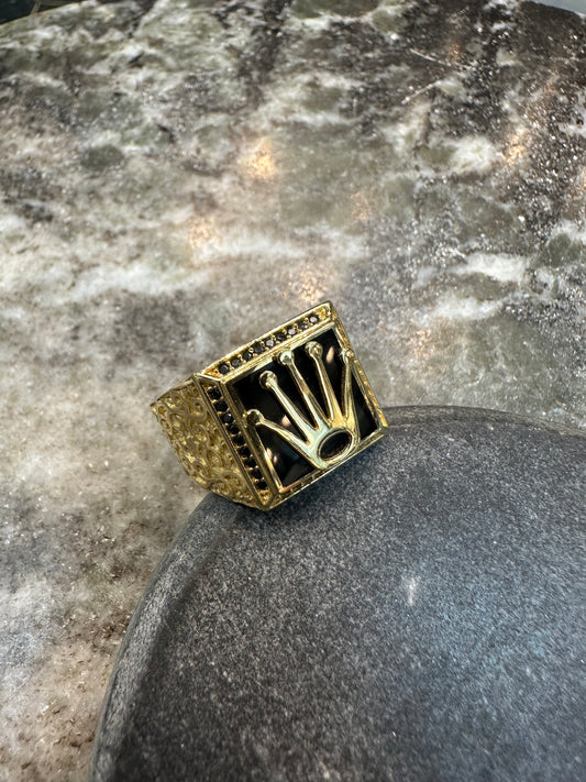 18K Gouden Massieve Kroon Ring met Gelaagde Onyx Steen – Handgemaakt – Maat 20