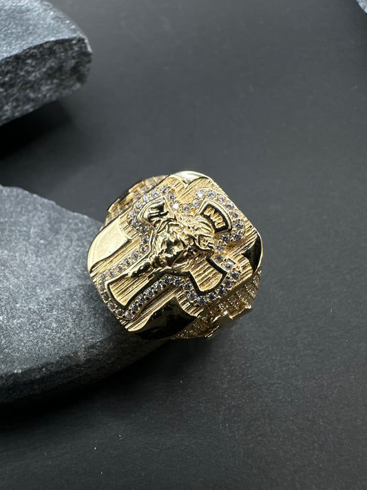 14K Gouden Ring met Jezus en Kruizen – Maat 20,5