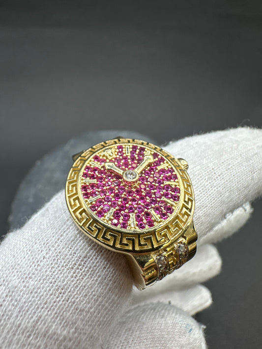14K Gouden Iced Klok Ring met Robijnen – Maat 21