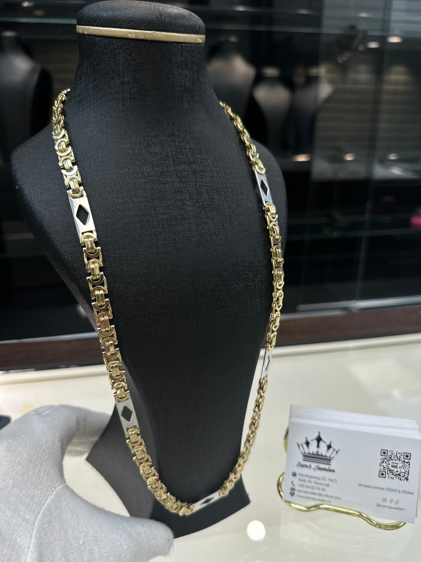 14K Gouden Platte Massieve Koningsketting met Witgouden Ruitjes – 70 cm