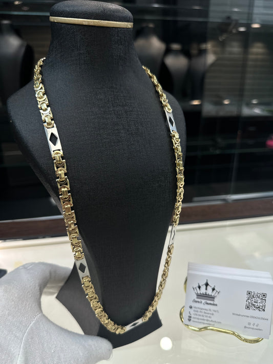 14K Gouden Platte Massieve Koningsketting met Witgouden Ruitjes – 70 cm
