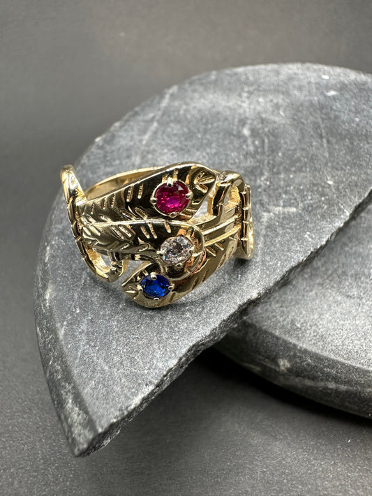 14K Gouden 3-Koppige Slangen Ring met Edelstenen