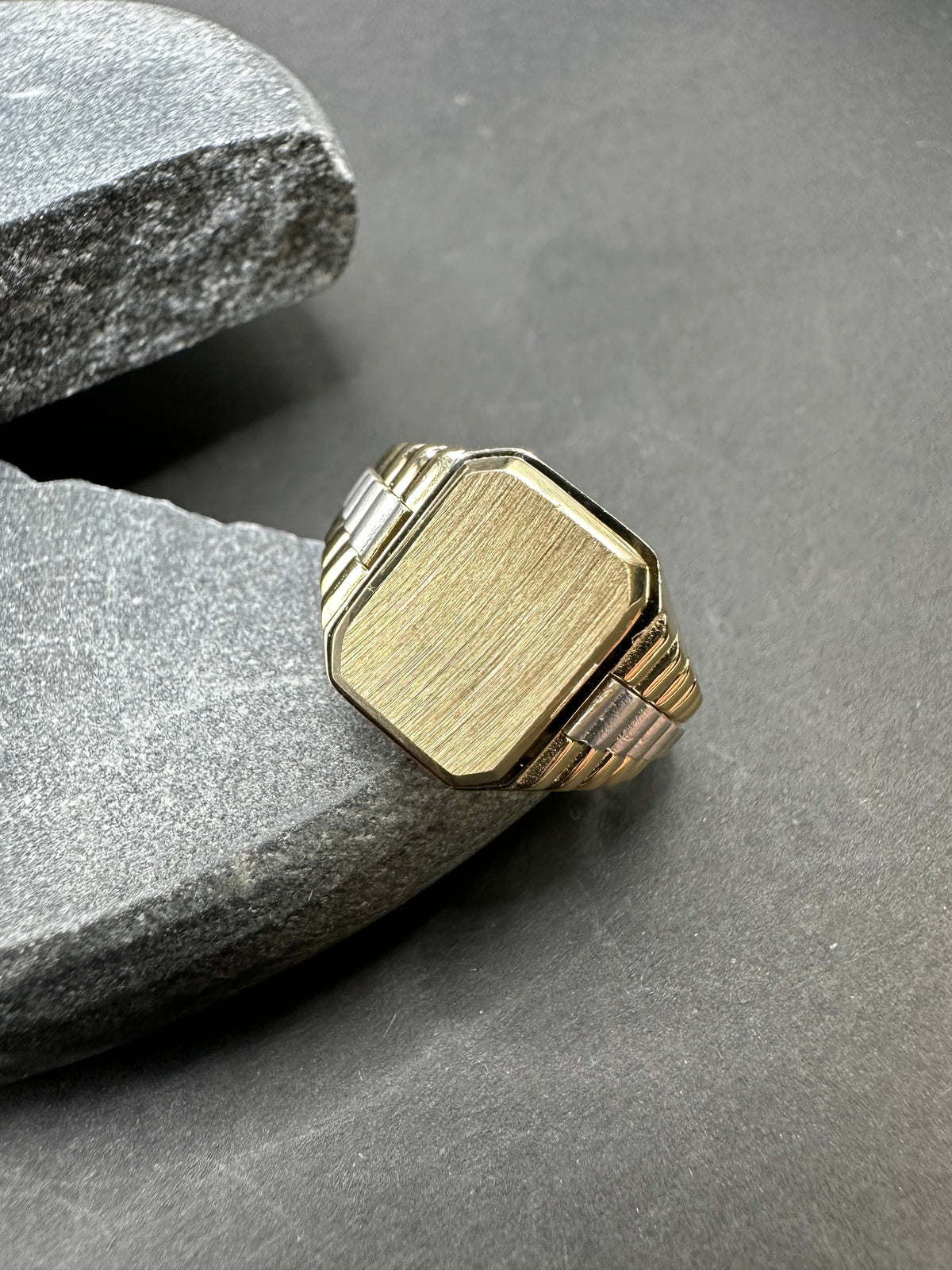 14K Gouden Stevige Bicolor Zegelring met Matte Bewerking