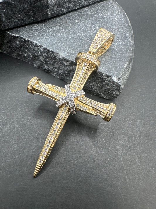 14K Gouden Spijker Kruis met Witgoud en Zirkonia