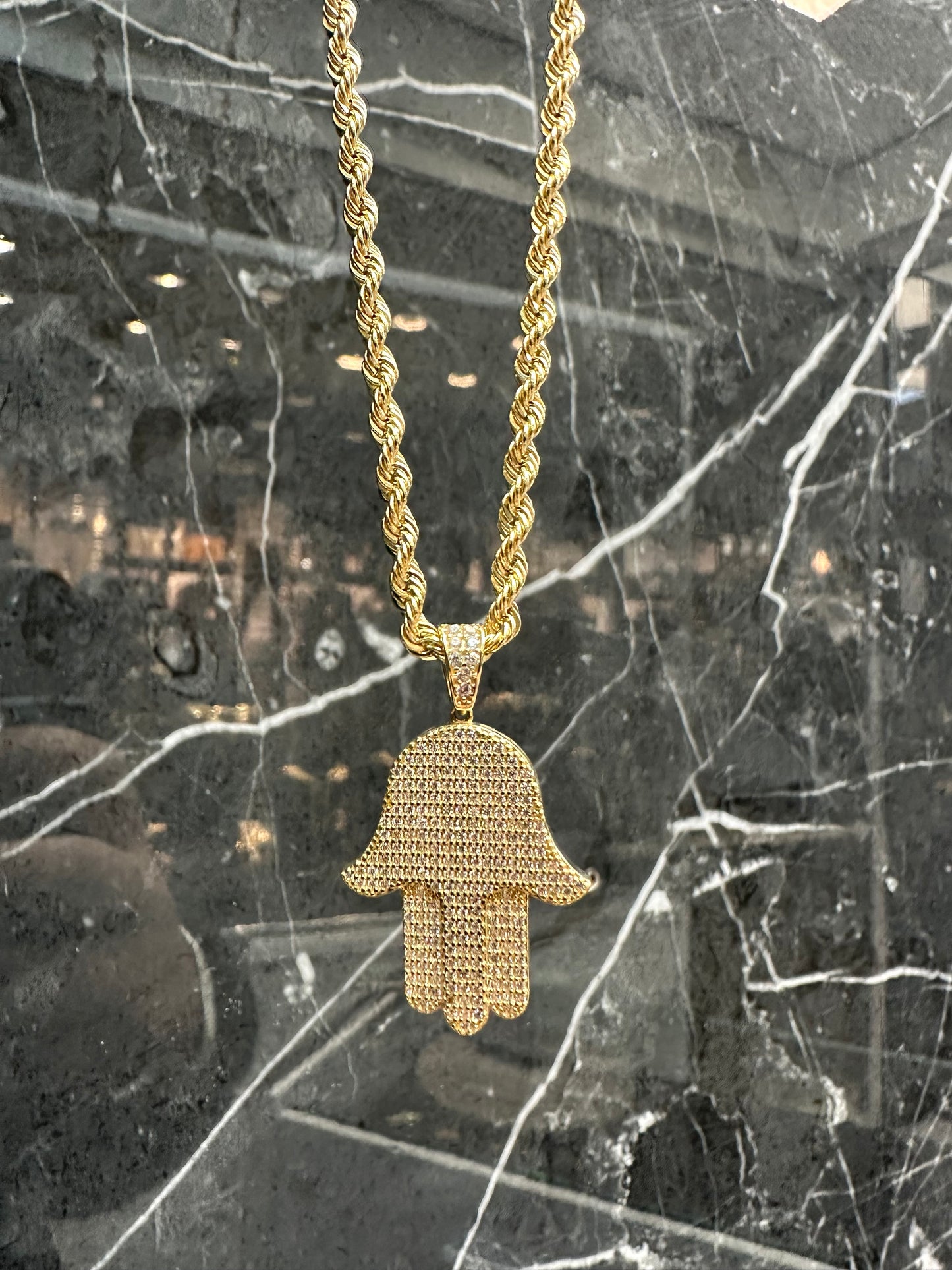 Schitterende 14K Gouden Rope Ketting met Hamsa Hanger – 66 cm | 3 mm | Zirkonia