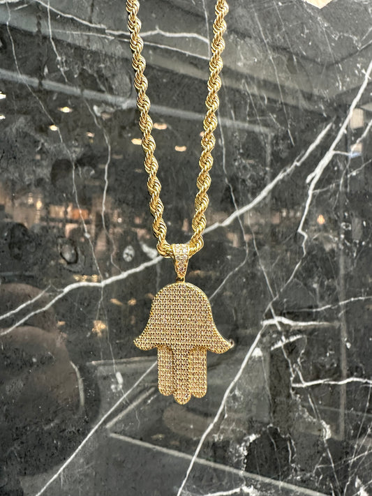 Schitterende 14K Gouden Rope Ketting met Hamsa Hanger – 66 cm | 3 mm | Zirkonia