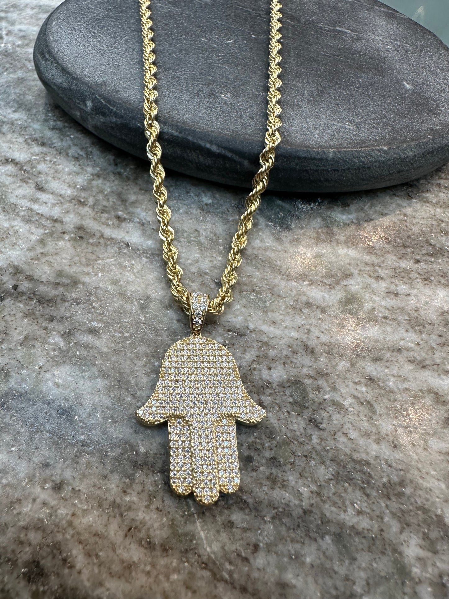 Schitterende 14K Gouden Rope Ketting met Hamsa Hanger – 66 cm | 3 mm | Zirkonia
