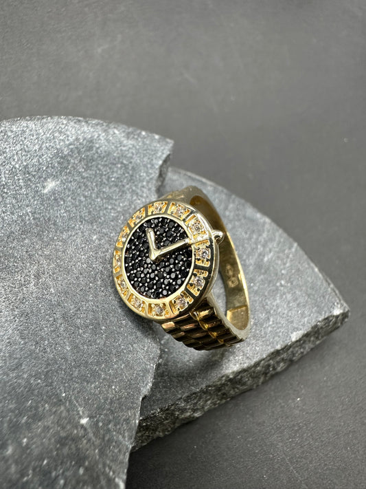 14K Gouden Klok Ring met Onyx – Maat 20,5
