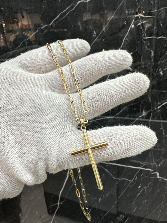 14K Gouden Papierclip Ketting met Kruis – 60 cm