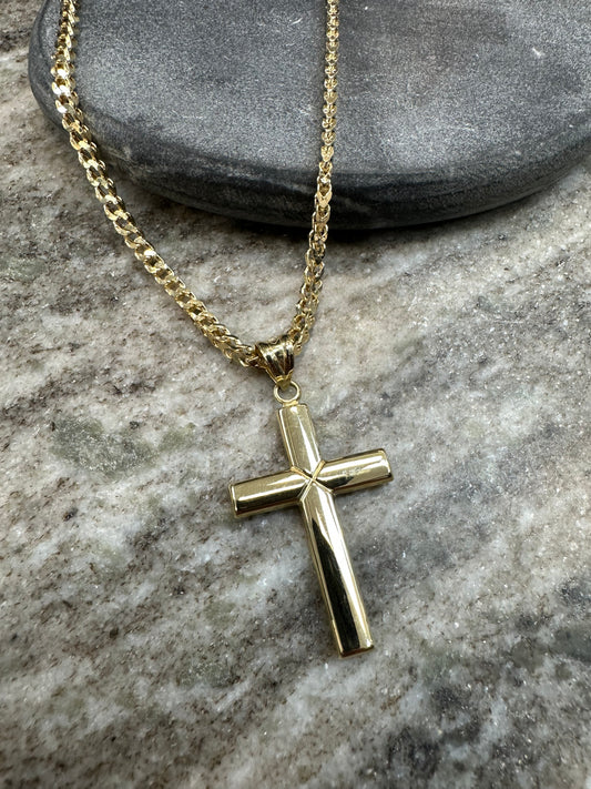 14K Gouden CubaanVos Ketting met Gladde Kruishanger – Luxe & Spirituele Klasse