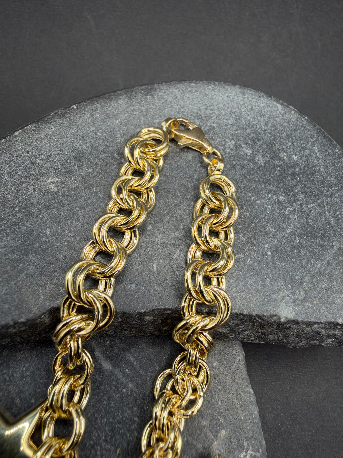 14K Gouden Bedelarmband met Hart en Twee Sterren – 19 cm – 8,2 mm