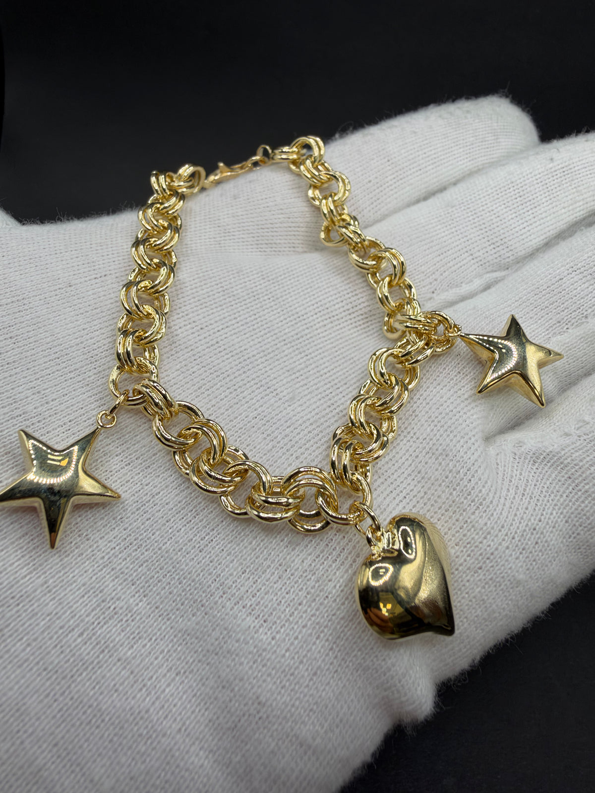 14K Gouden Bedelarmband met Hart en Twee Sterren – 19 cm – 8,2 mm