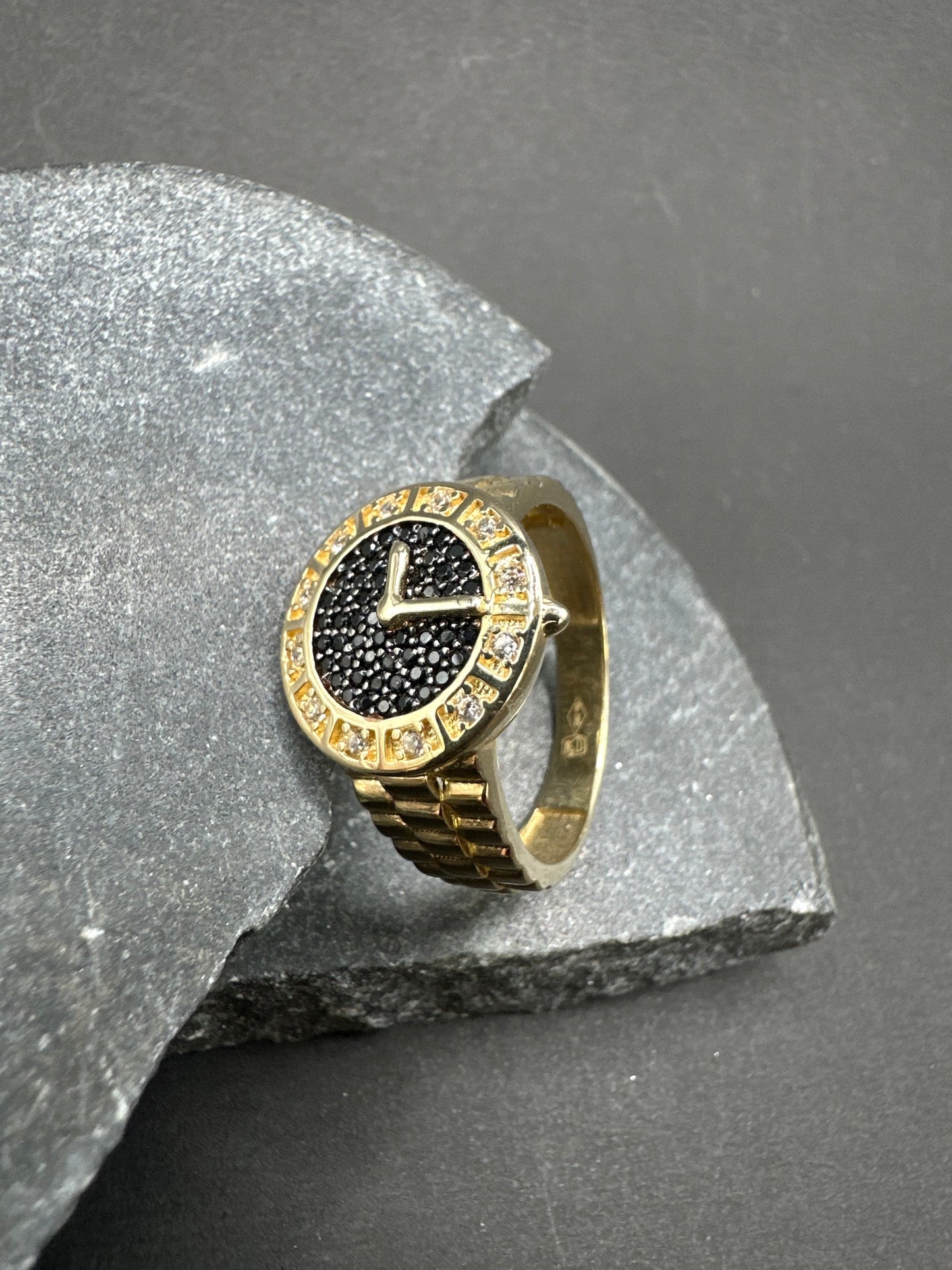 14K Gouden Klok Ring met Onyx – Maat 20,5