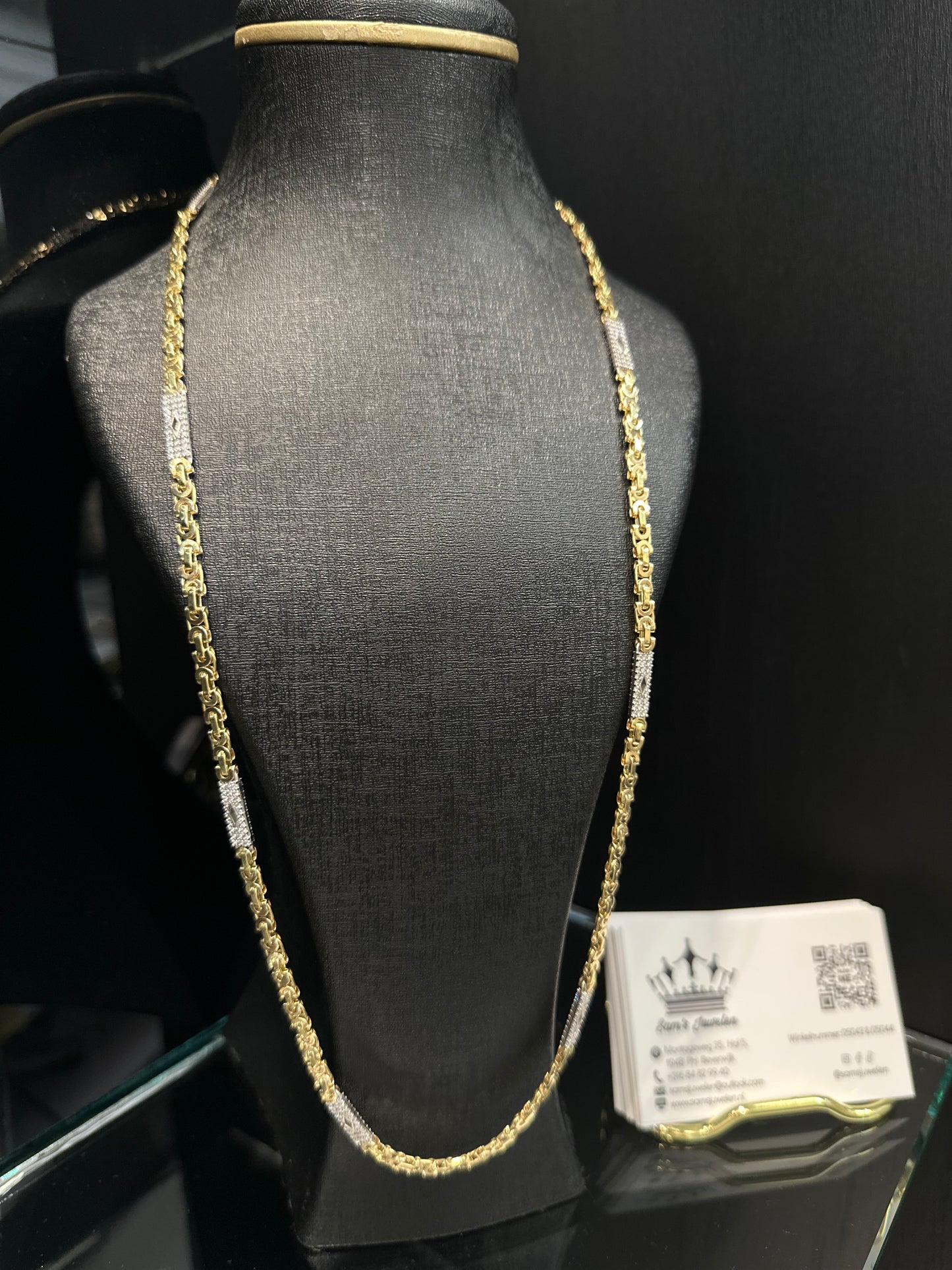14K Gouden Massieve Platte Koningsketting met Iced Ruitjes – 70 cm