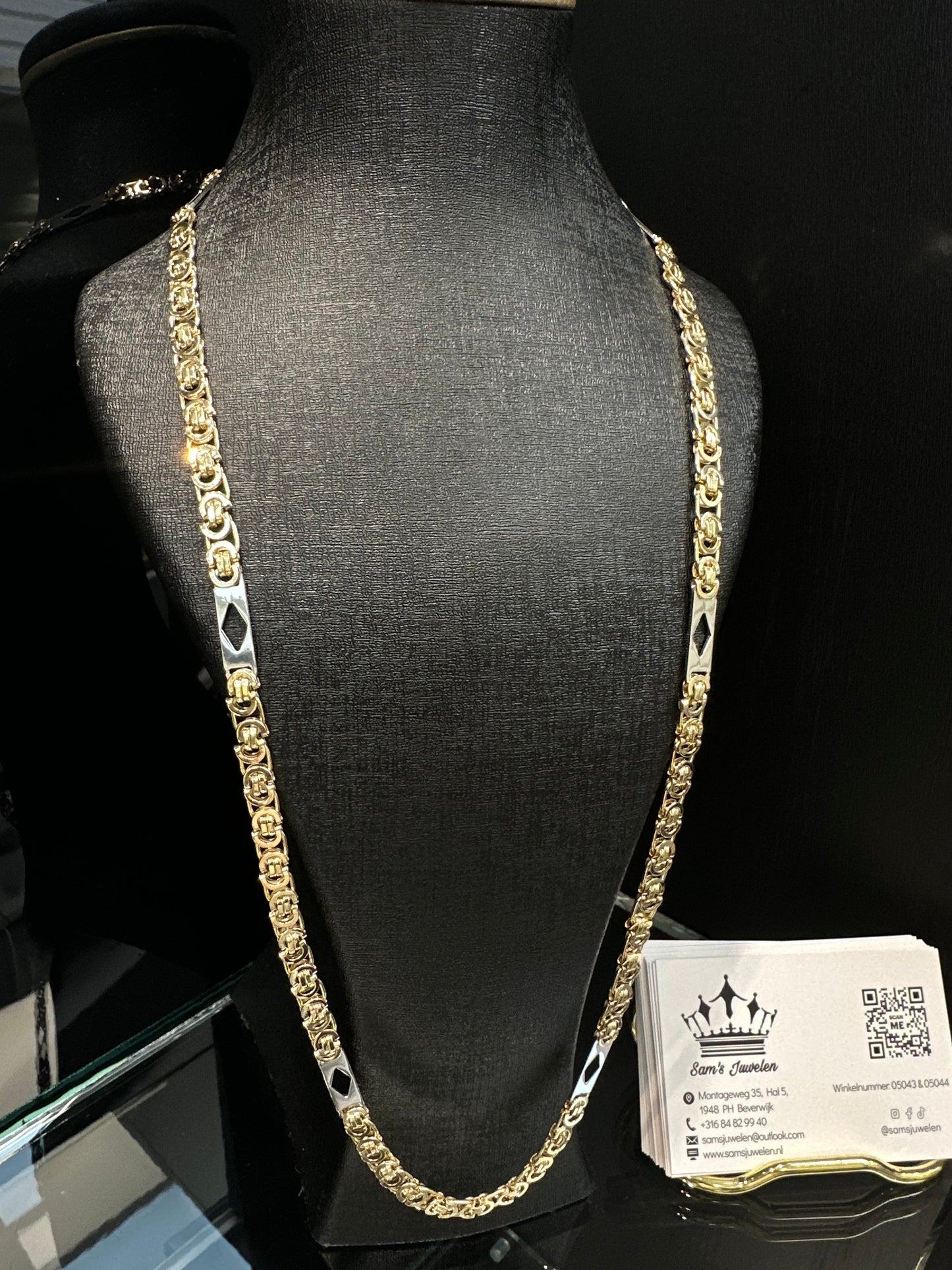 14K Gouden Massieve Platte Koningsketting met Witgouden Ruitjes – 70 cm
