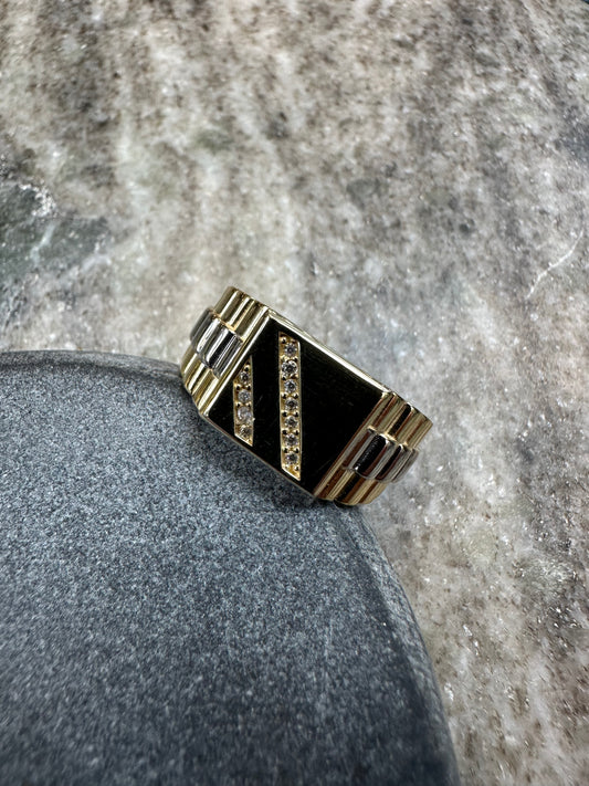 Prachtige Gouden Bicolor Zegelring met Twee Streepjes Zirkonia – Stijlvol & Luxueus